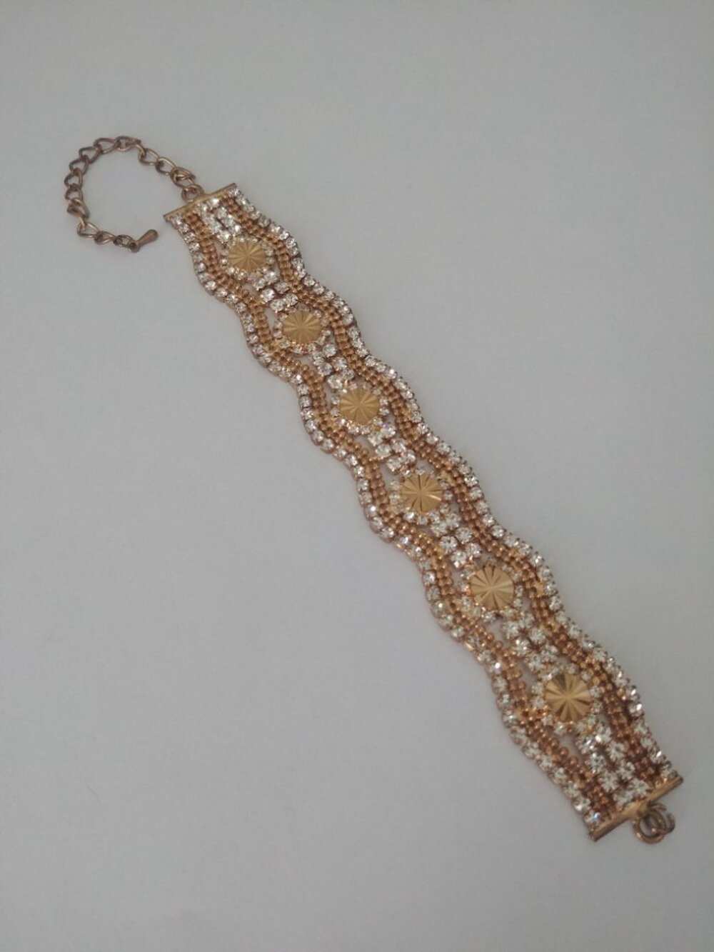 Vintage vibe gold tone crystal stones wide bracelet